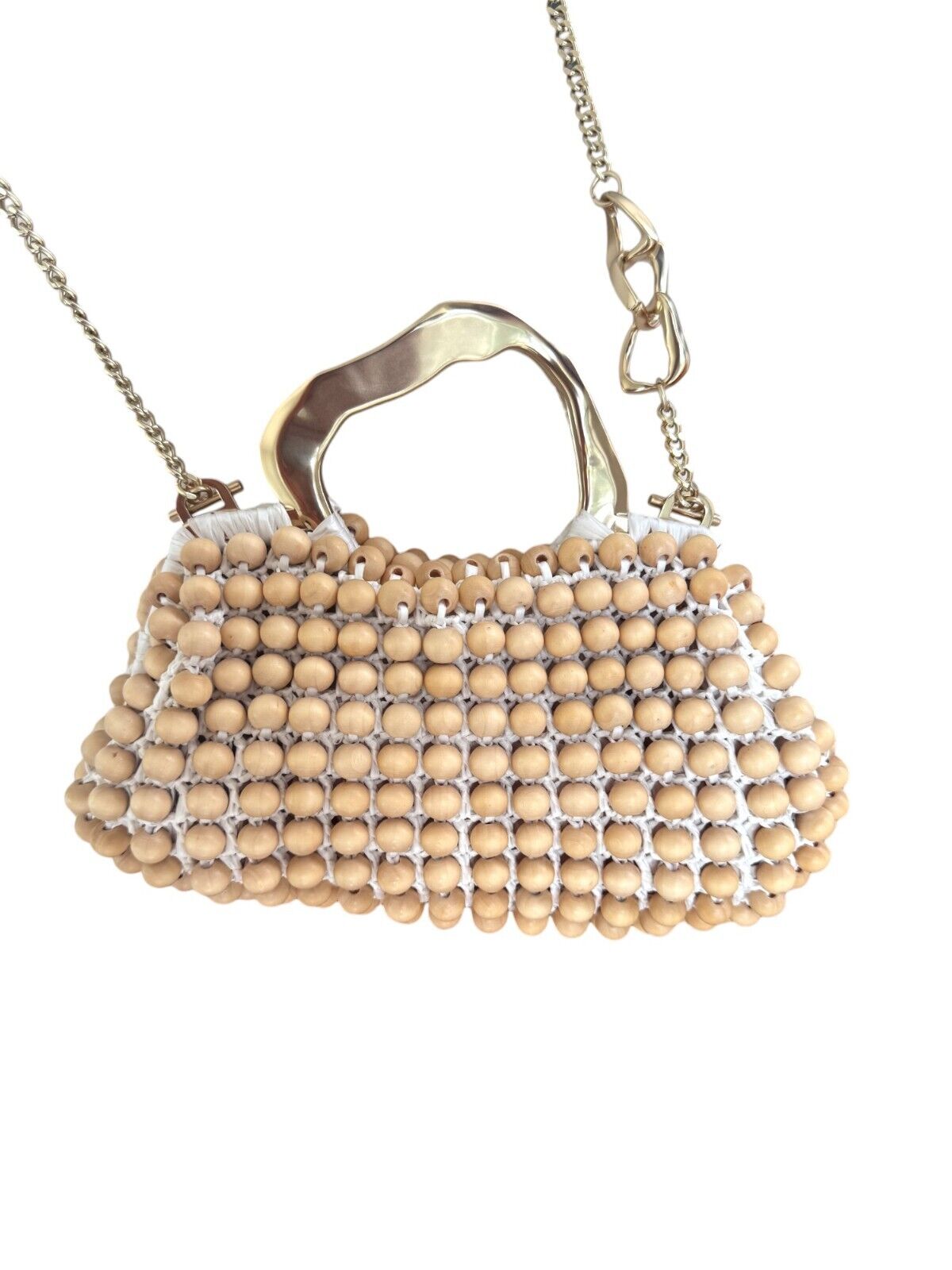 Aje Velerie Beaded Clutch/Crossbody Handbag | Beige/Gold, Beads, Chain Strap