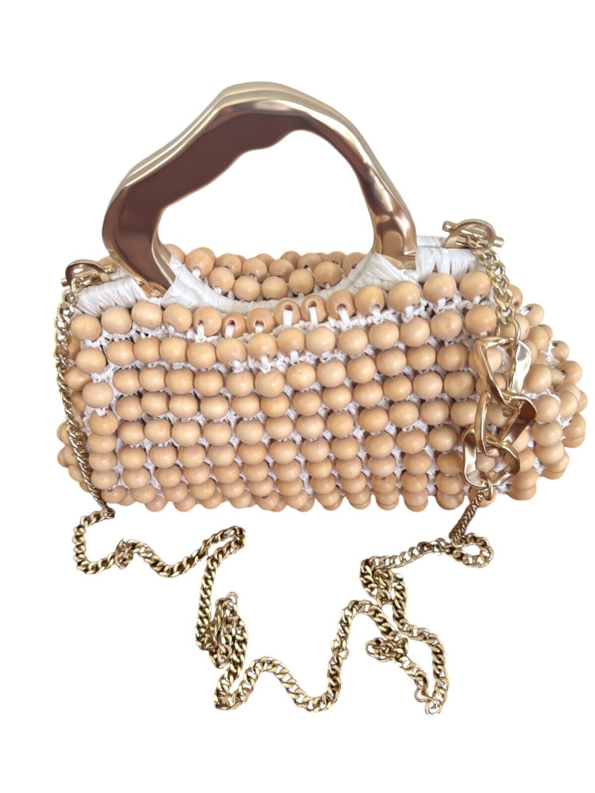 Aje Velerie Beaded Clutch/Crossbody Handbag | Beige/Gold, Beads, Chain Strap