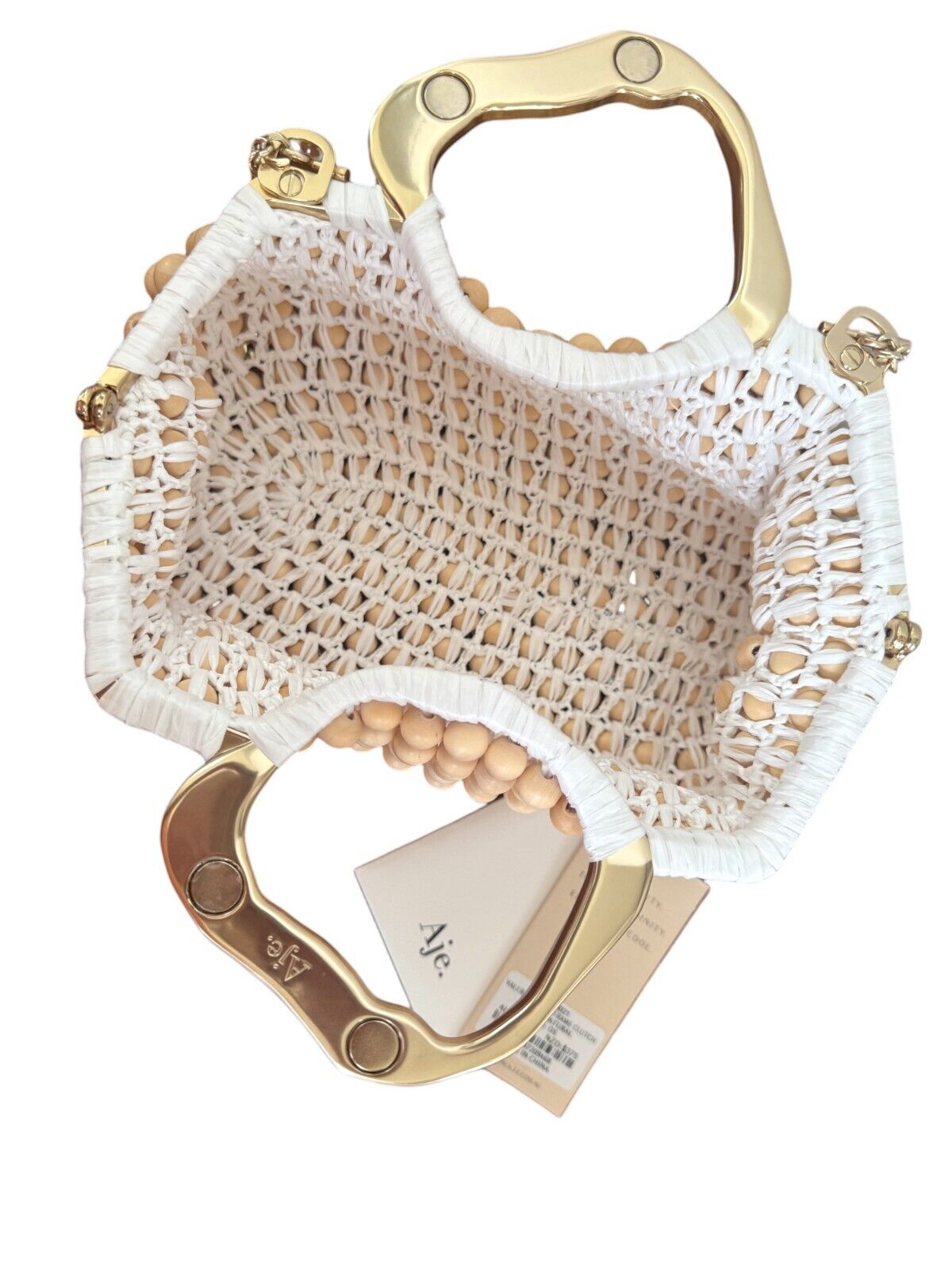 Aje Velerie Beaded Clutch/Crossbody Handbag | Beige/Gold, Beads, Chain Strap