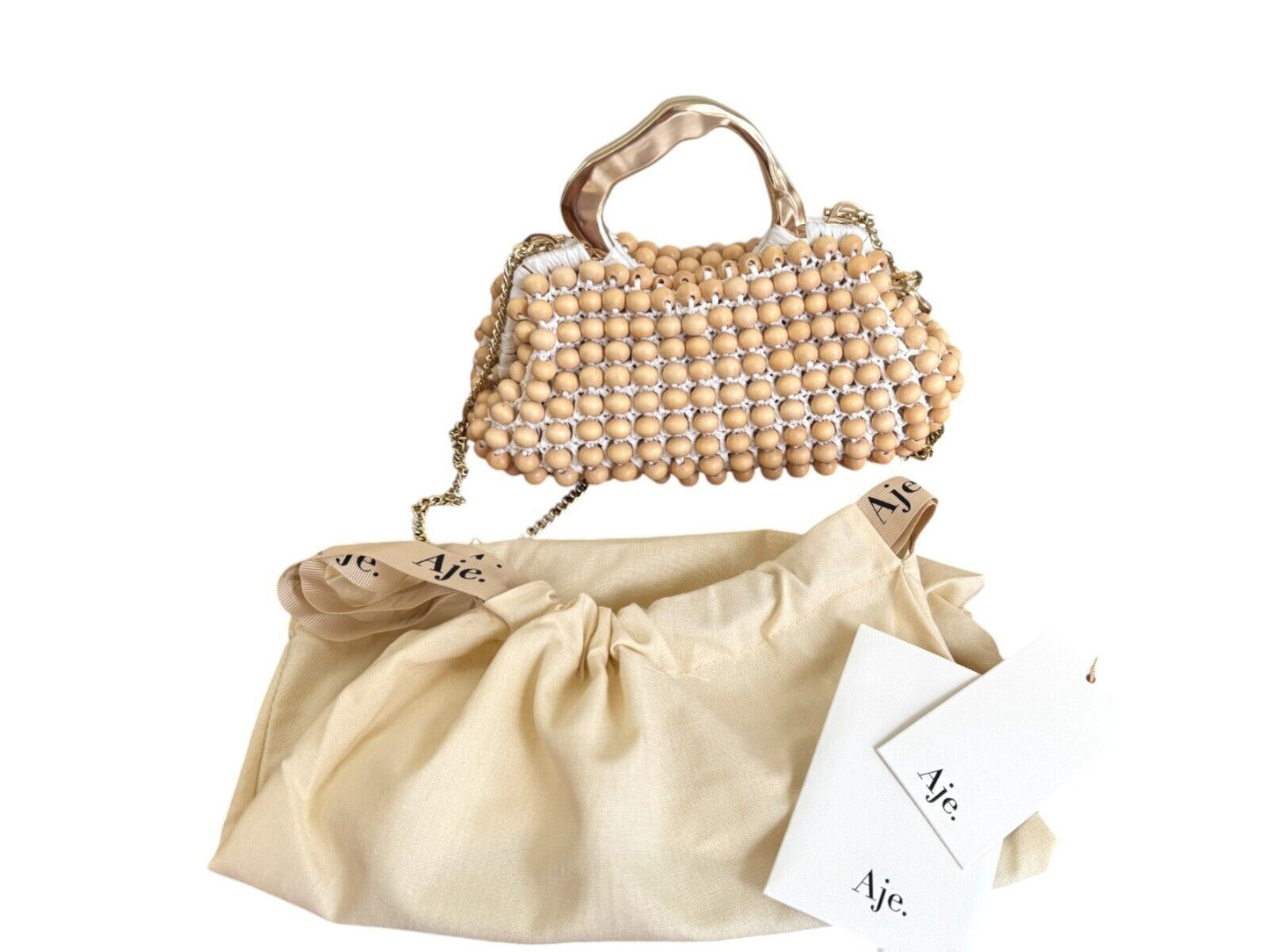 Aje Velerie Beaded Clutch/Crossbody Handbag | Beige/Gold, Beads, Chain Strap