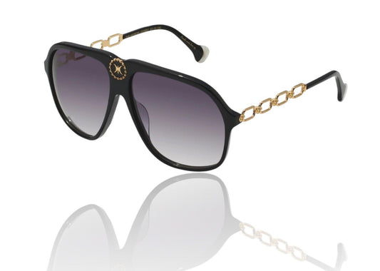 Camilla The Heiress Sunglasses | Black/Gold, Grey Lenses, Oversized Aviator