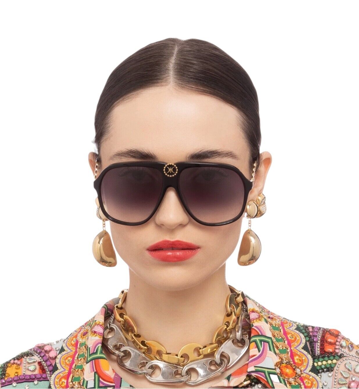 Camilla The Heiress Sunglasses | Black/Gold, Grey Lenses, Oversized Aviator