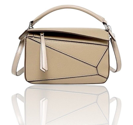 Geometric Puzzle Handbag, Shoulder/Crossbody, Beige/Camel, Mini, Vegan Leather