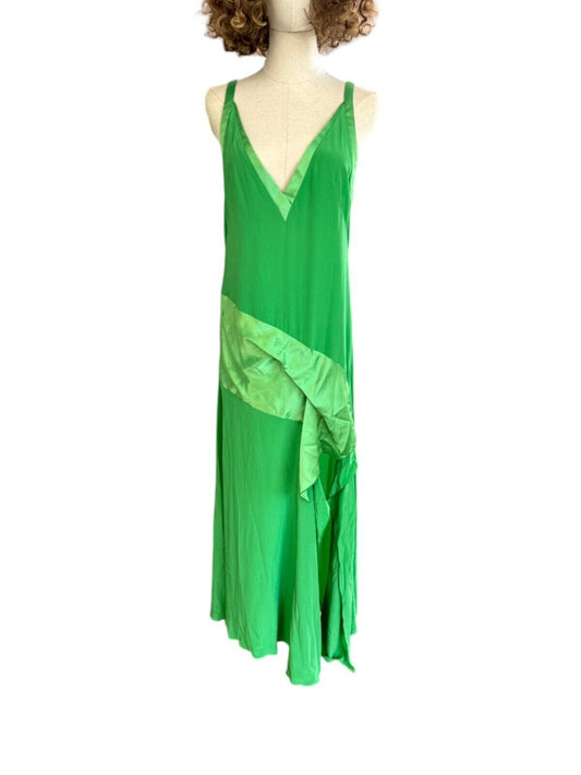 CUE Silk Draped Midi Dress | Tropical Green | Sz 8, Asymmetric, V Neck, Relaxed