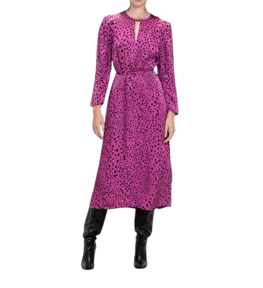 Veronika Maine Forward Fuschia Pebble Print Midi Dress | Sz 10, Pink/Black, Belt