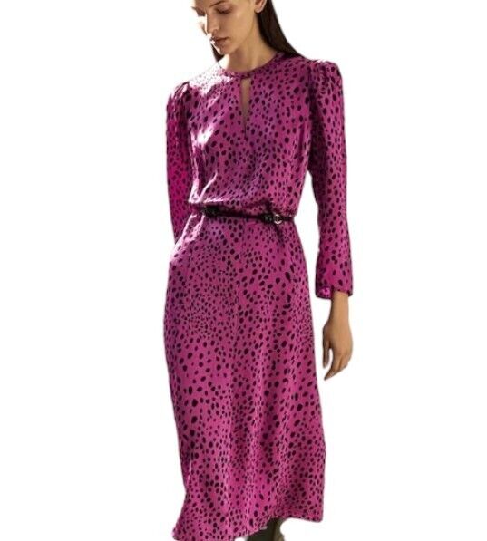 Veronika Maine Forward Fuschia Pebble Print Midi Dress | Sz 10, Pink/Black, Belt