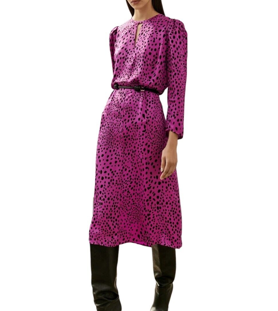 Veronika Maine Forward Fuschia Pebble Print Midi Dress | Sz 10, Pink/Black, Belt