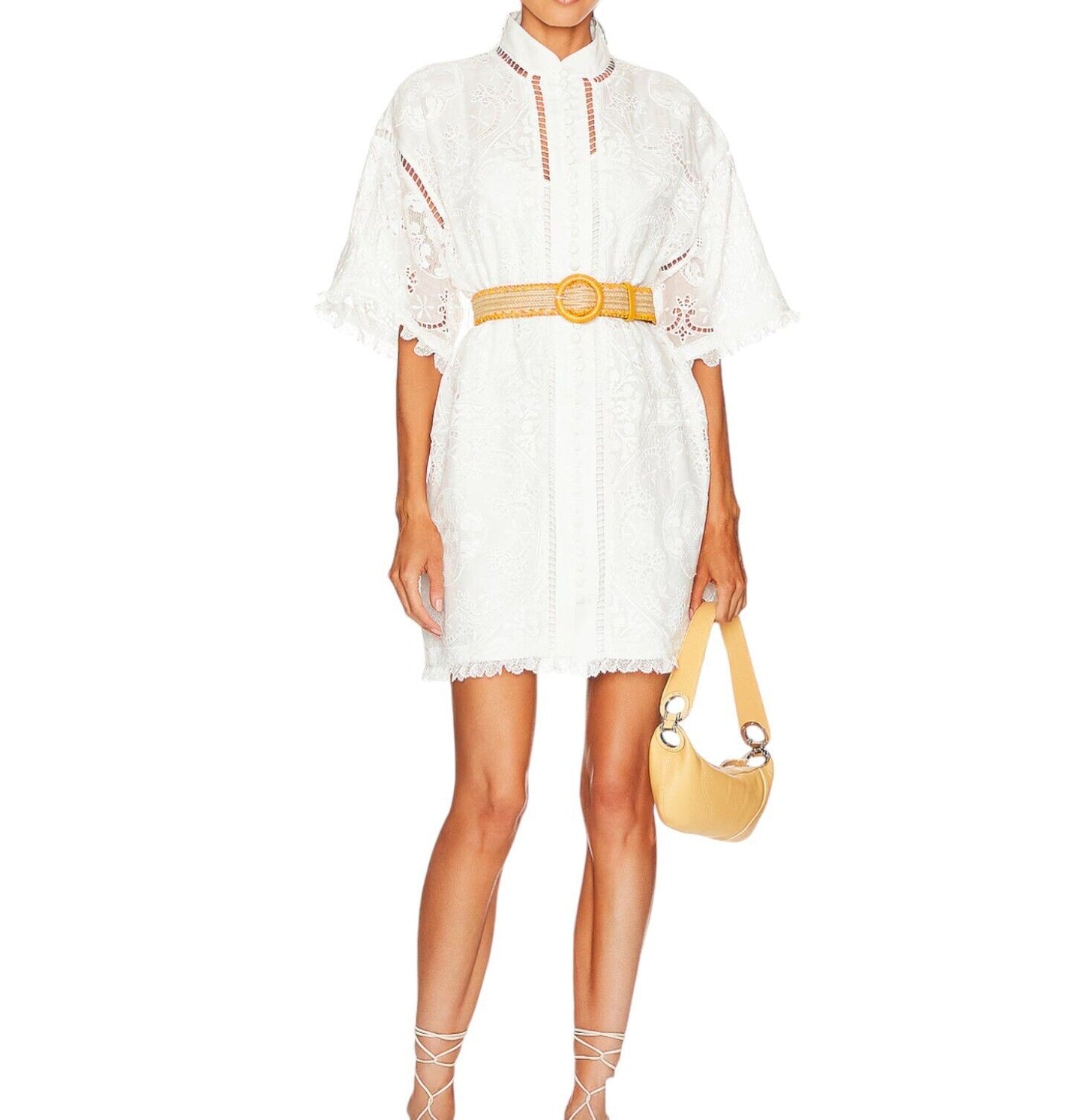 Zimmermann Laurel Lace Shirt Dress | White, Lace, Raffia Belt, Embroidery, Mini