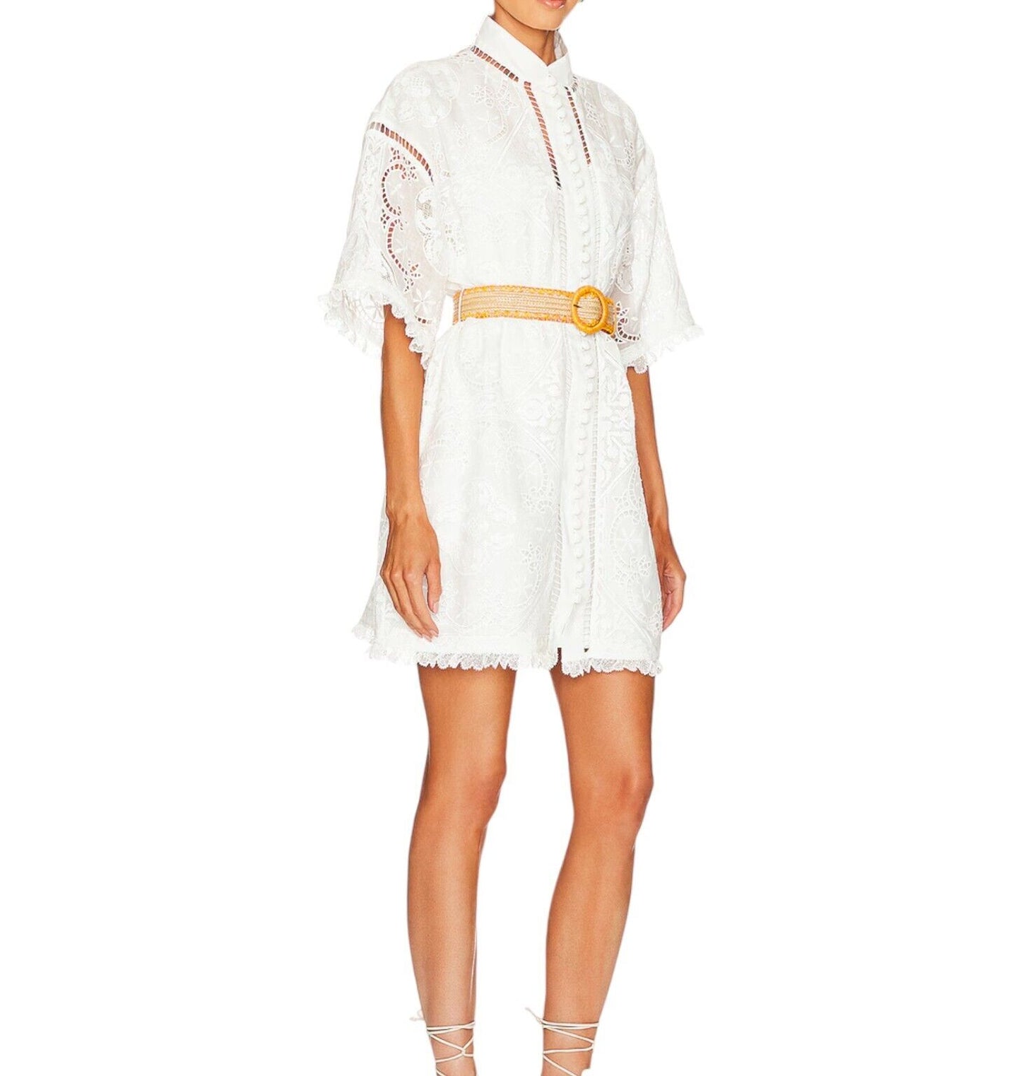 Zimmermann Laurel Lace Shirt Dress | White, Lace, Raffia Belt, Embroidery, Mini