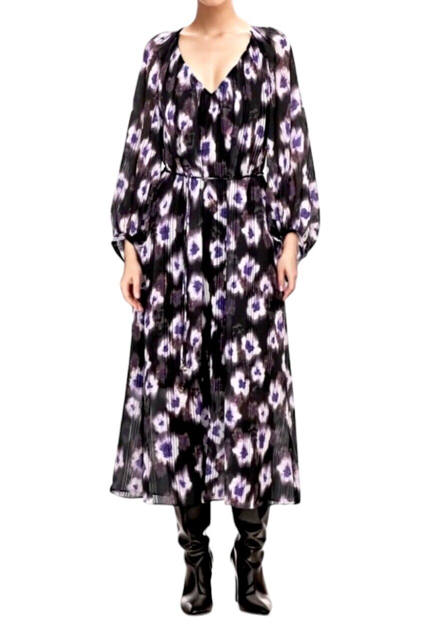 Veronika Maine Ultraviolet Print Midi Dress | Sz 10, Black/Purple/White, Belt