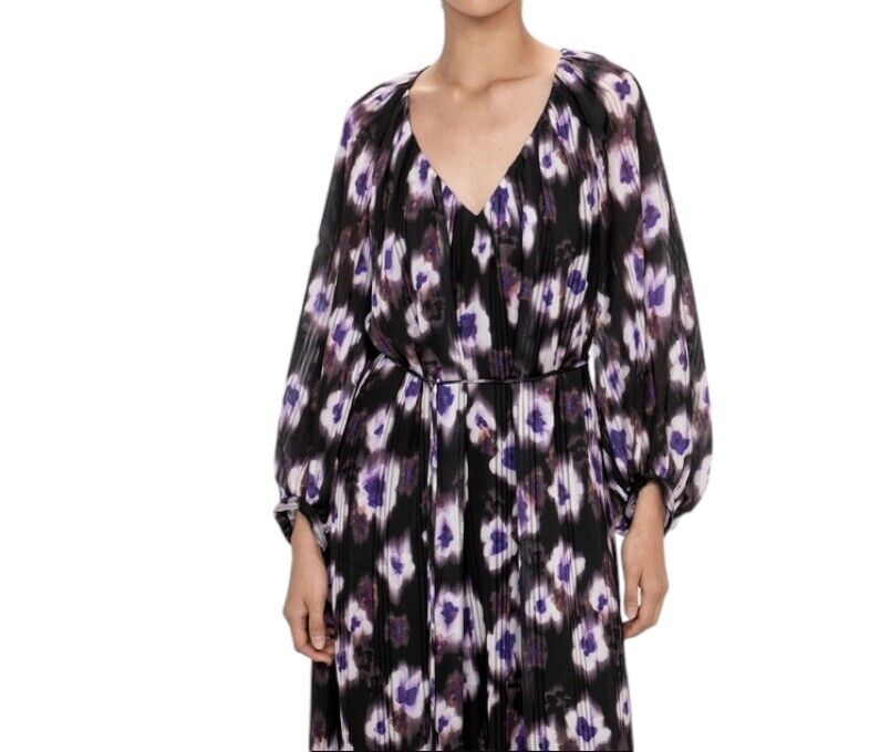 Veronika Maine Ultraviolet Print Midi Dress | Sz 10, Black/Purple/White, Belt