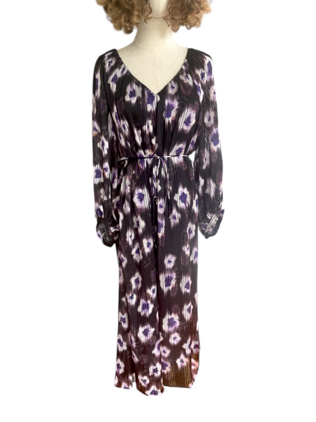 Veronika Maine Ultraviolet Print Midi Dress | Sz 10, Black/Purple/White, Belt