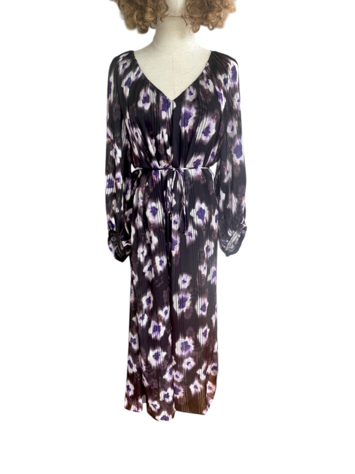 Veronika Maine Ultraviolet Print Midi Dress | Sz 10, Black/Purple/White, Belt