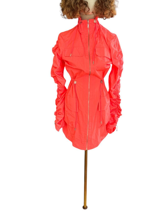 CUE Drawstring Sleeve Dress OR Jacket | Sz 8, Neon Pink, Zip, Ruching, Pockets