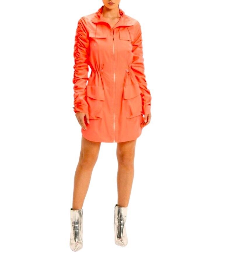 CUE Drawstring Sleeve Dress OR Jacket | Sz 8, Neon Pink, Zip, Ruching, Pockets