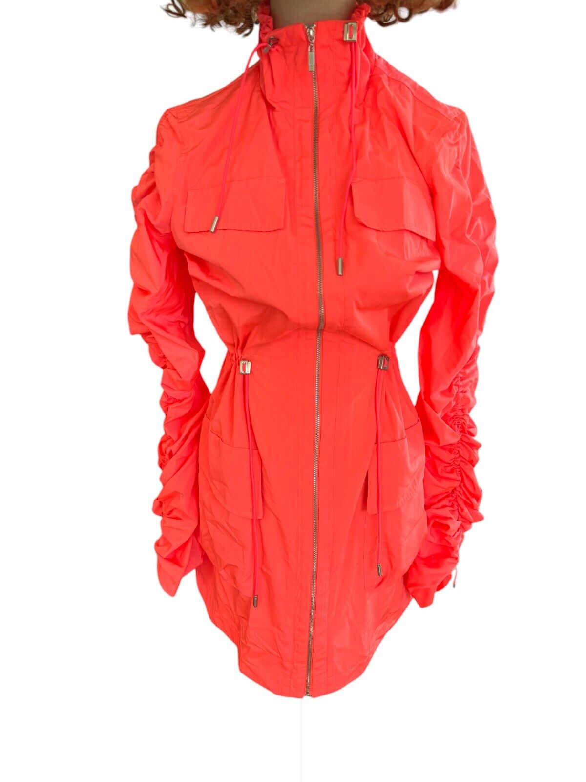 CUE Drawstring Sleeve Dress OR Jacket | Sz 8, Neon Pink, Zip, Ruching, Pockets