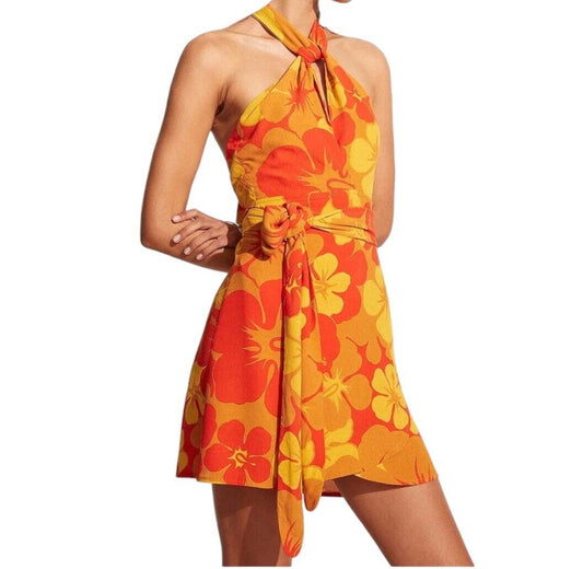 FAITHFUL THE BRAND Odette Mini Dress | Orange/Yellow Floral Print, Sz 12, Linen