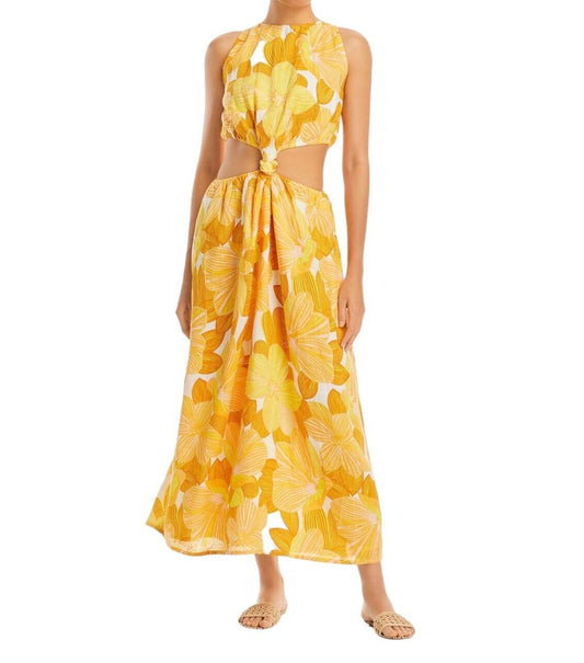 FAITHFUL THE BRAND Zeta Midi Dress | Sz 14, Yellow/Orange, Cut Outs, Linen