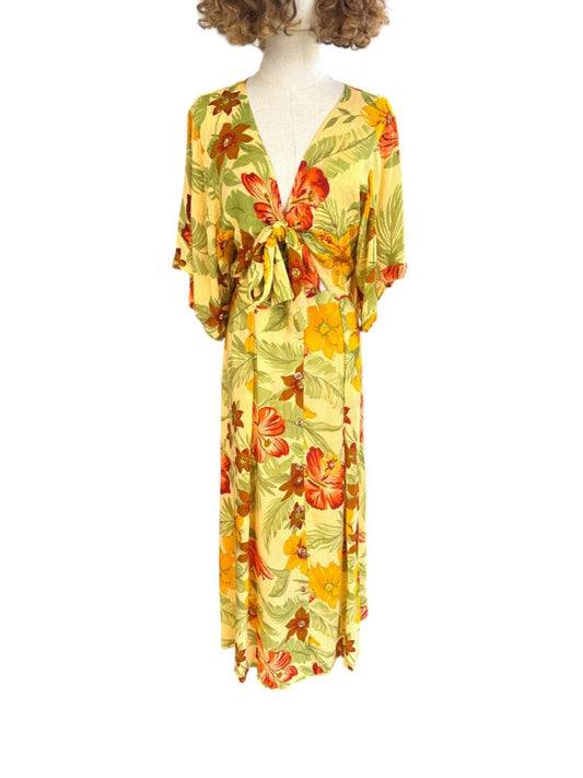 FAITHFUL THE BRAND Magda Midi Dress | Sz 14, Yellow Floral, Cut Out Bodice, Soft