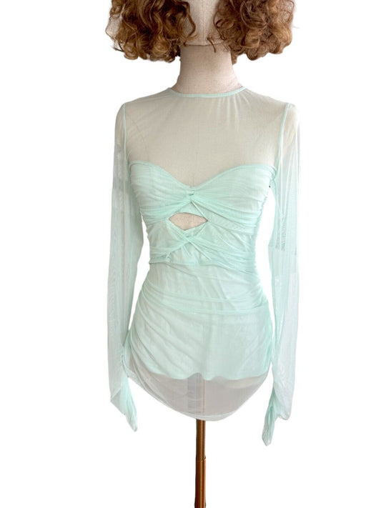 CUE Mesh Long Sleeve Gathered Top |Sz 10,Mint Green, Ruched, Sheer, Cut Out