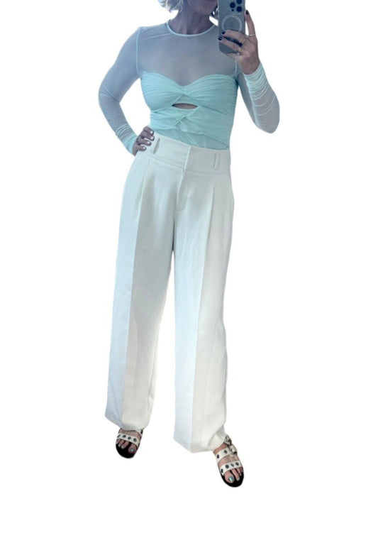 CUE High Waisted Wide Leg Pants | Cream/Off White, Front Pleat, Pockets