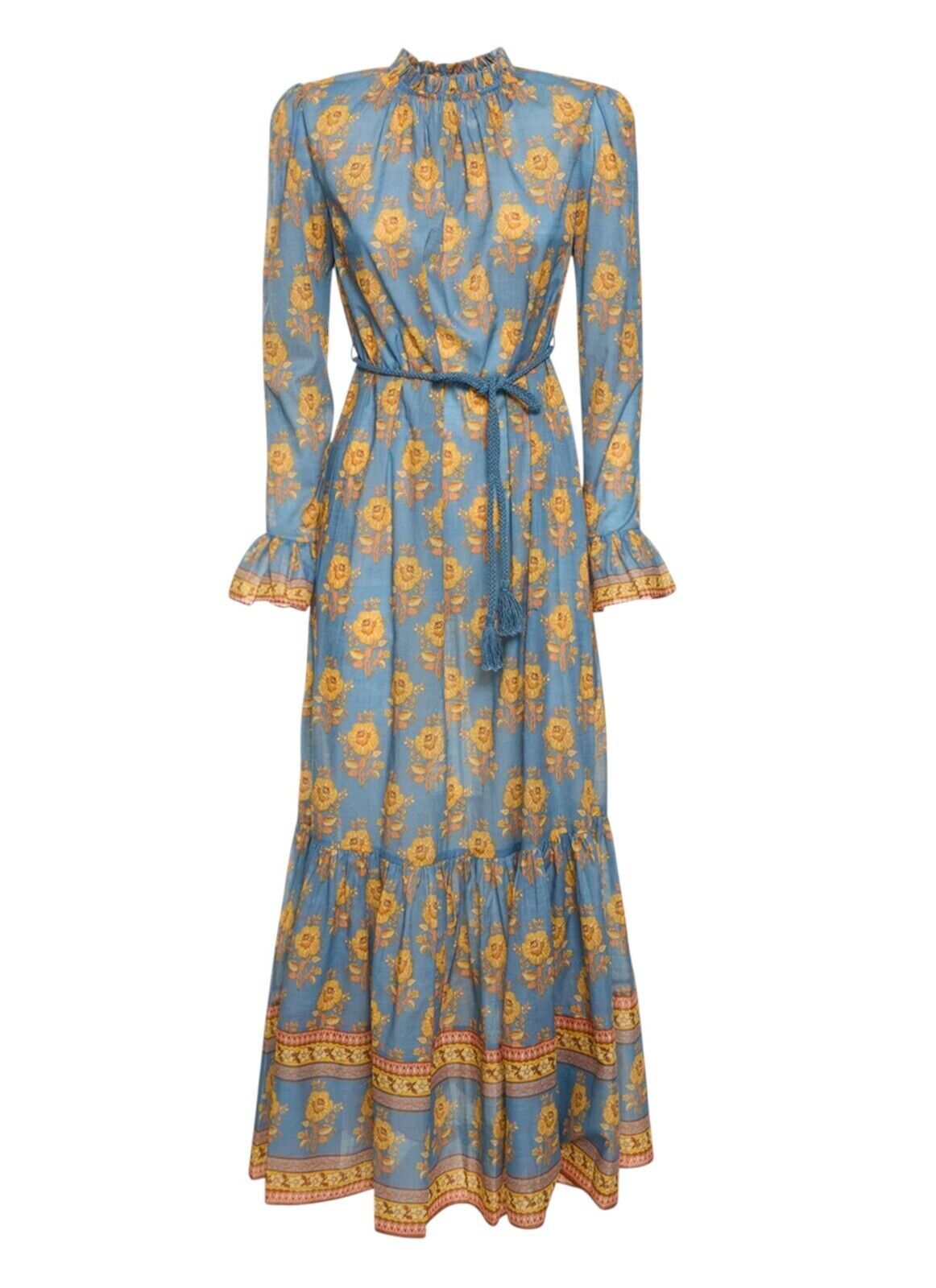 Zimmermann Junie Frill Midi/Maxi Dress | Blue Floral, Cotton, Belt, Long Sleeve