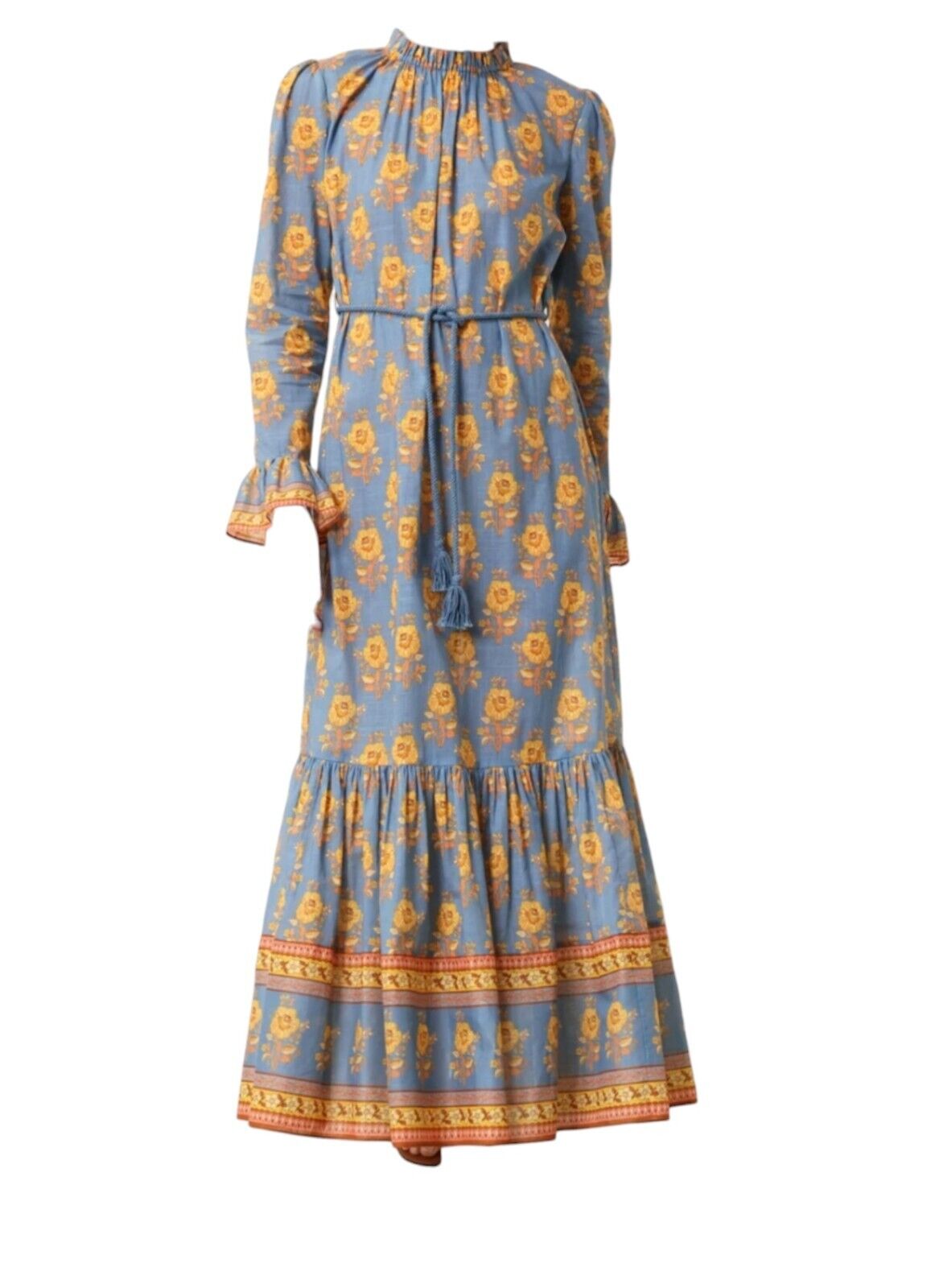 Zimmermann Junie Frill Midi/Maxi Dress | Blue Floral, Cotton, Belt, Long Sleeve