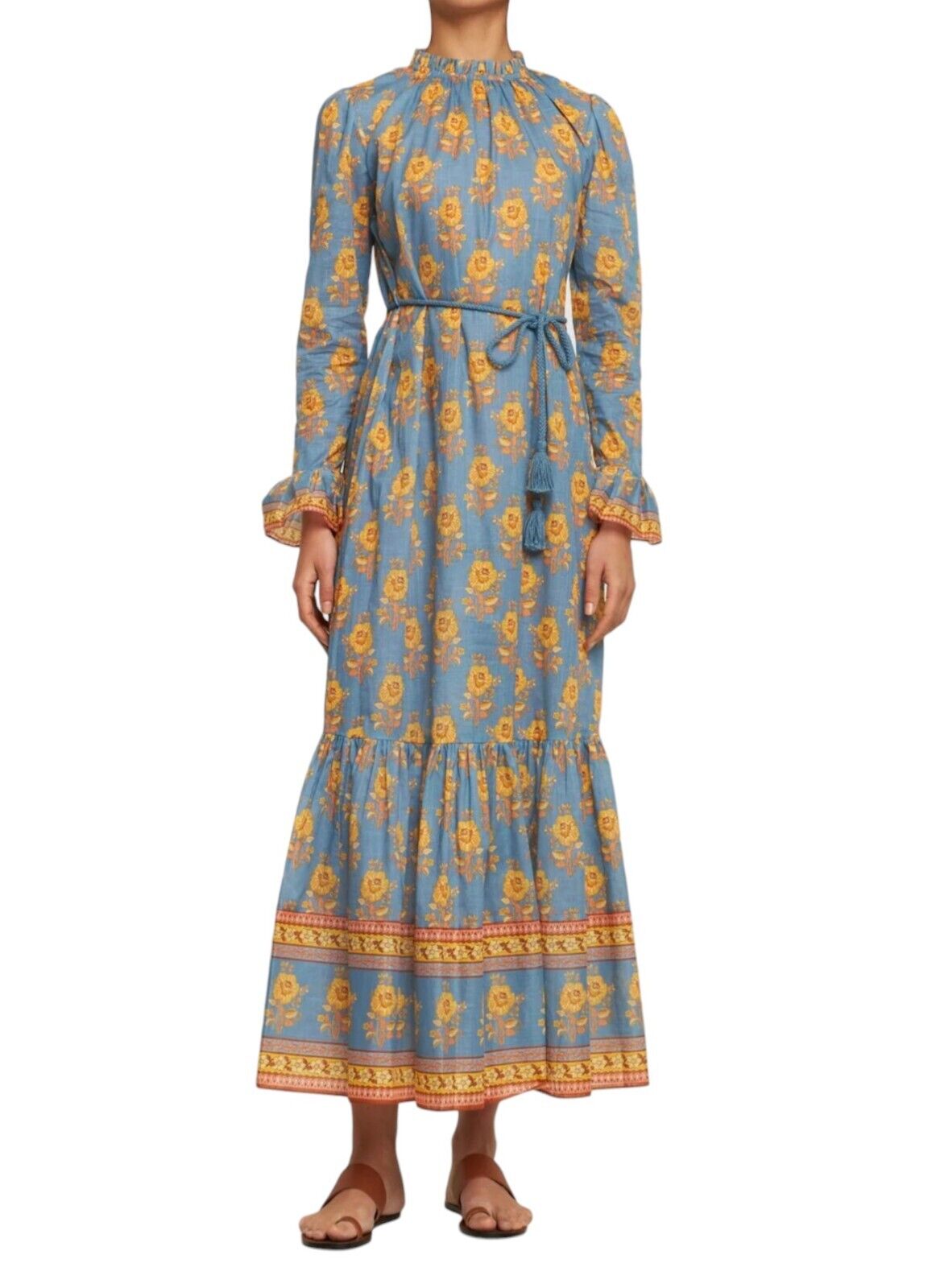 Zimmermann Junie Frill Midi/Maxi Dress | Blue Floral, Cotton, Belt, Long Sleeve