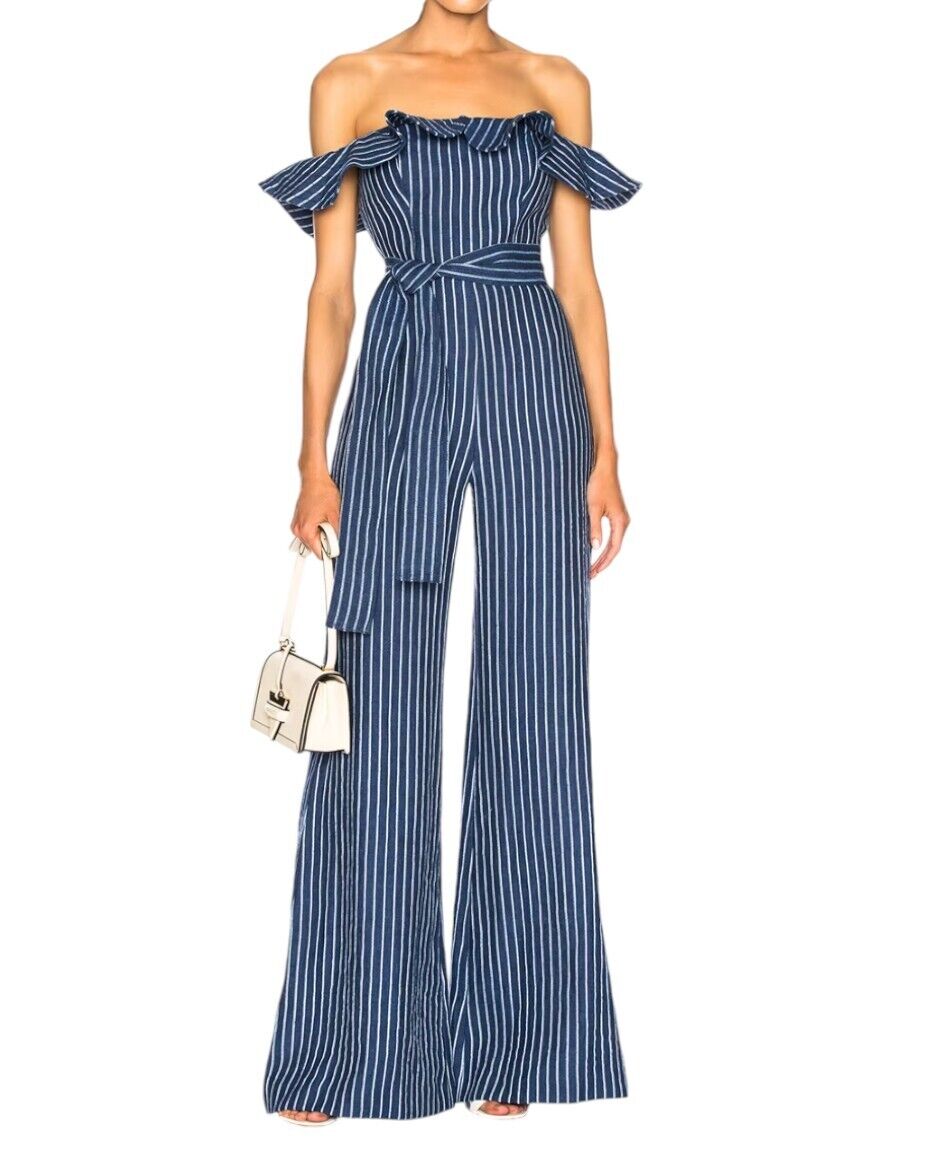 Alexis Edria Jumpsuit | Blue/White Pin Stripe, Linen, Off Shoulder, Belt, Frill