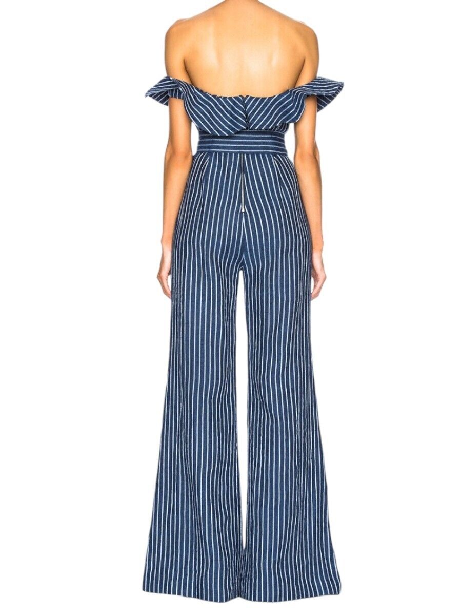 Alexis Edria Jumpsuit | Blue/White Pin Stripe, Linen, Off Shoulder, Belt, Frill