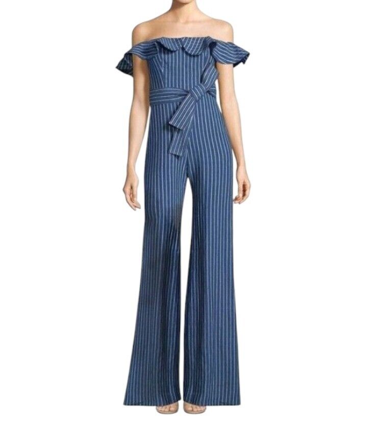 Alexis Edria Jumpsuit | Blue/White Pin Stripe, Linen, Off Shoulder, Belt, Frill