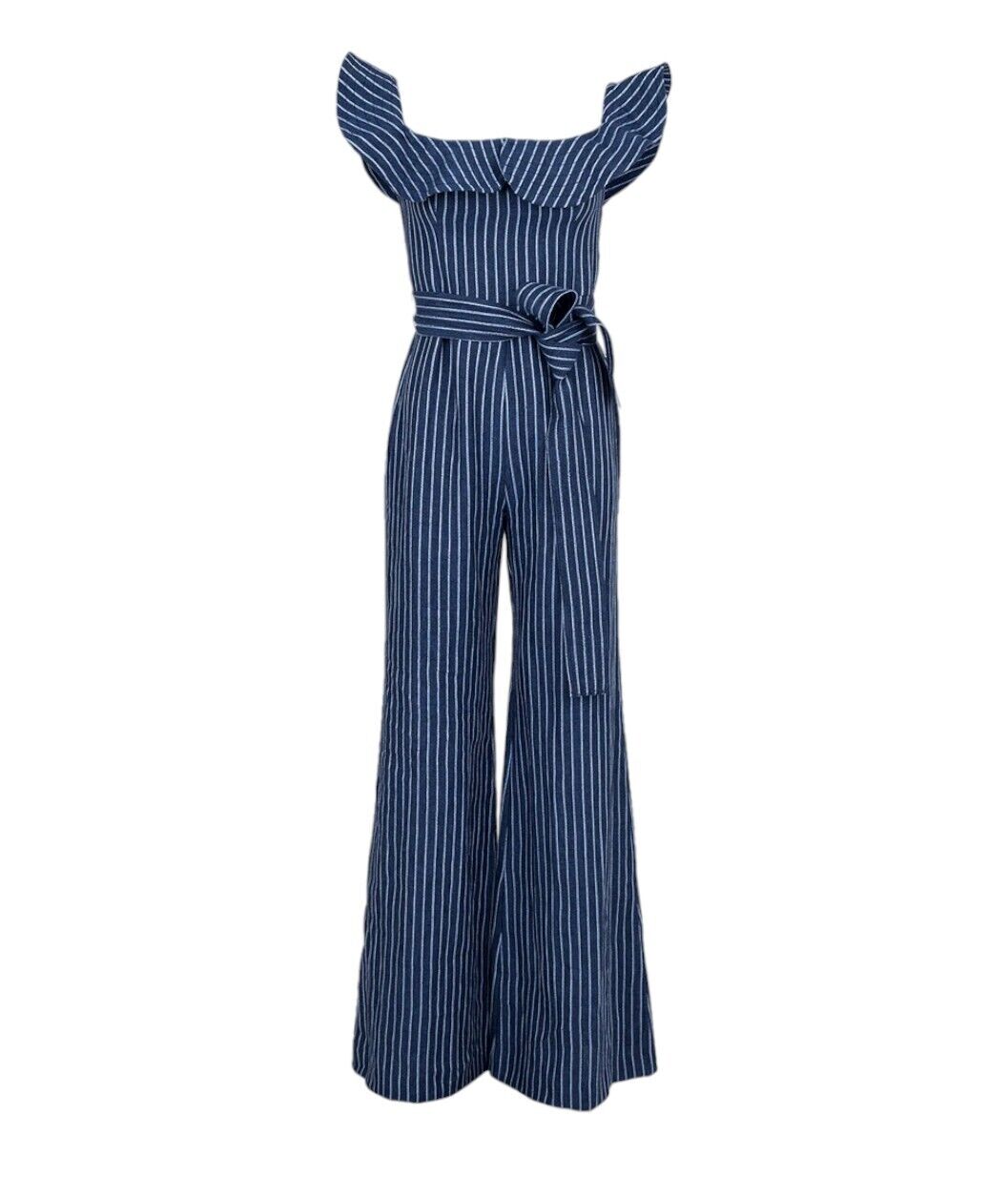 Alexis Edria Jumpsuit | Blue/White Pin Stripe, Linen, Off Shoulder, Belt, Frill