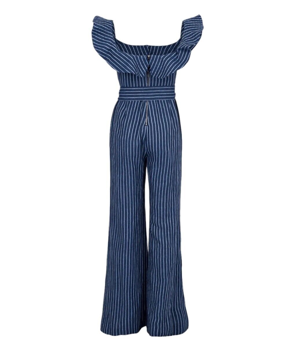 Alexis Edria Jumpsuit | Blue/White Pin Stripe, Linen, Off Shoulder, Belt, Frill