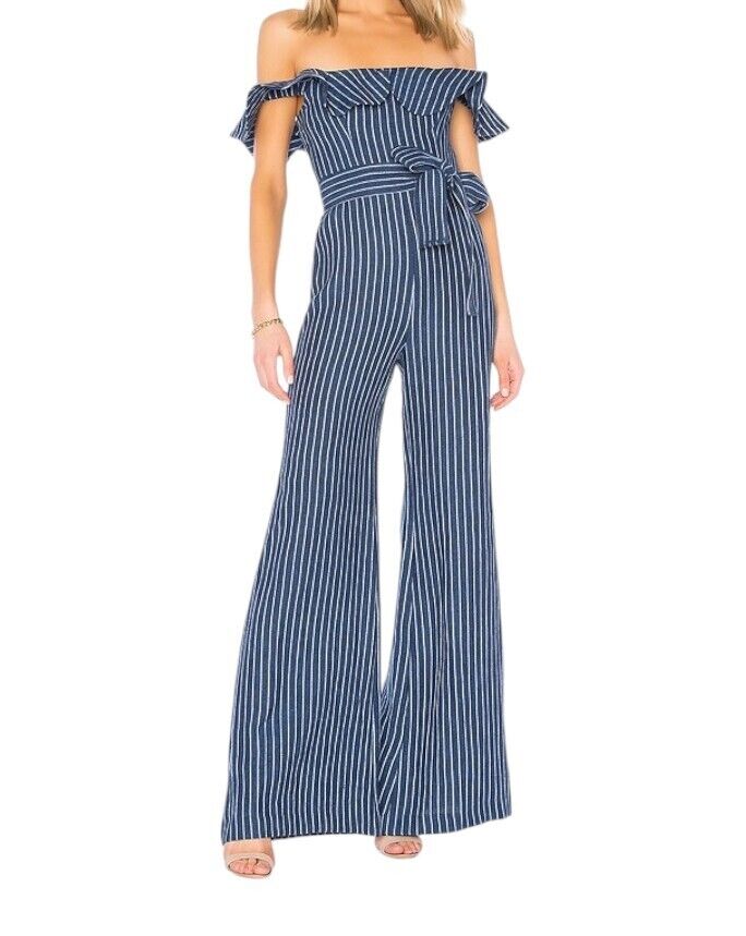 Alexis Edria Jumpsuit | Blue/White Pin Stripe, Linen, Off Shoulder, Belt, Frill