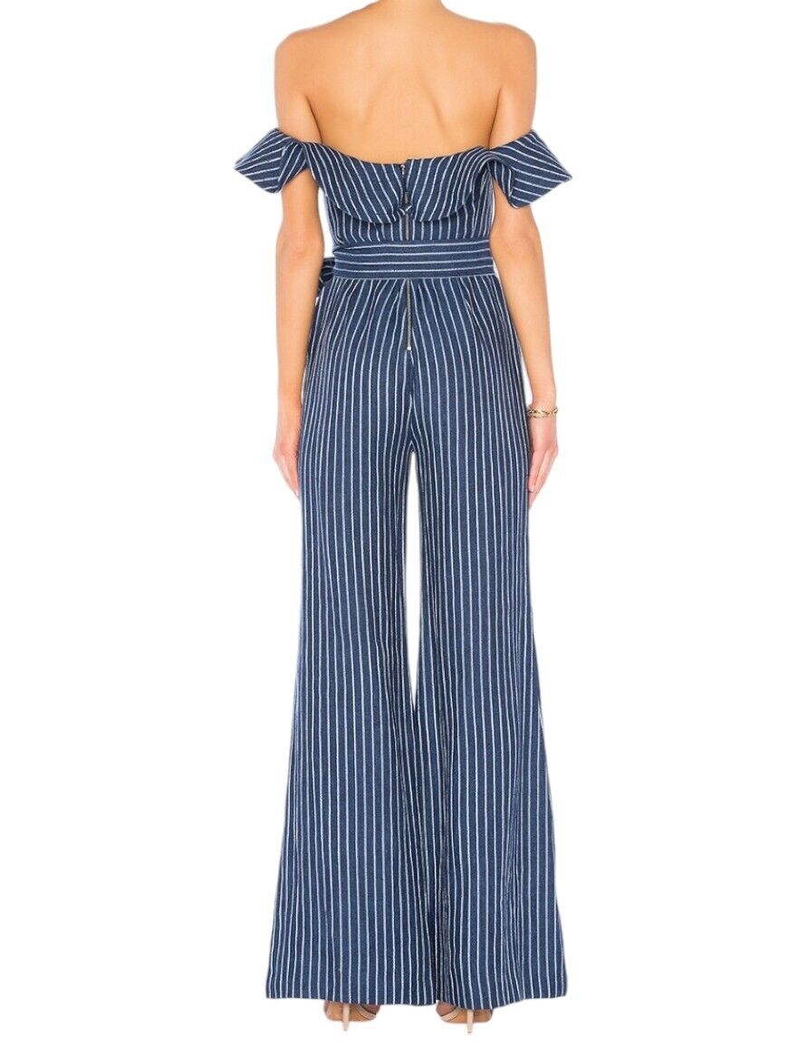 Alexis Edria Jumpsuit | Blue/White Pin Stripe, Linen, Off Shoulder, Belt, Frill