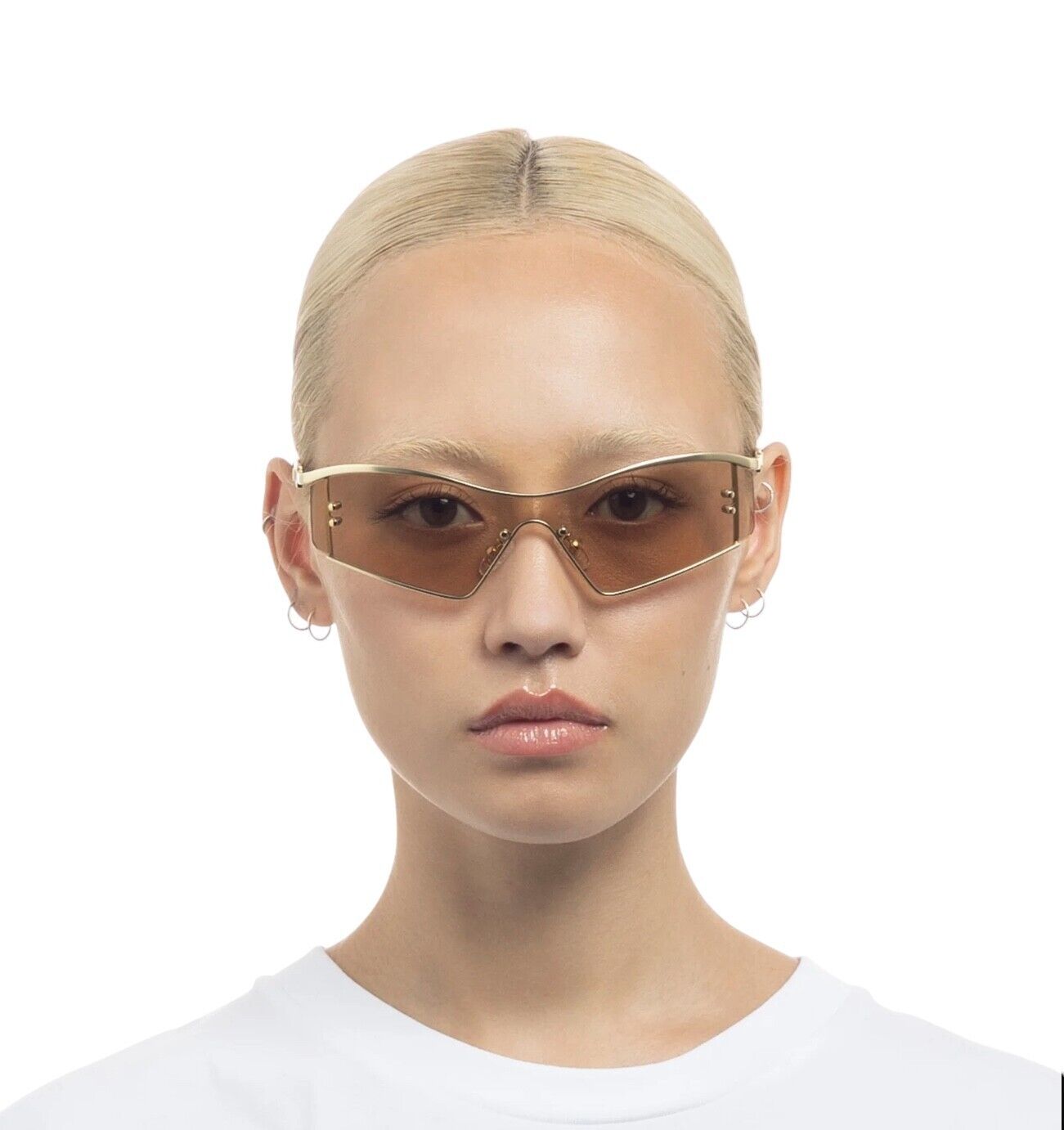 Le Specs Hyperbole Sunglasses | Shield / Wrap, Satin Gold, Rimless, Ltd Edition