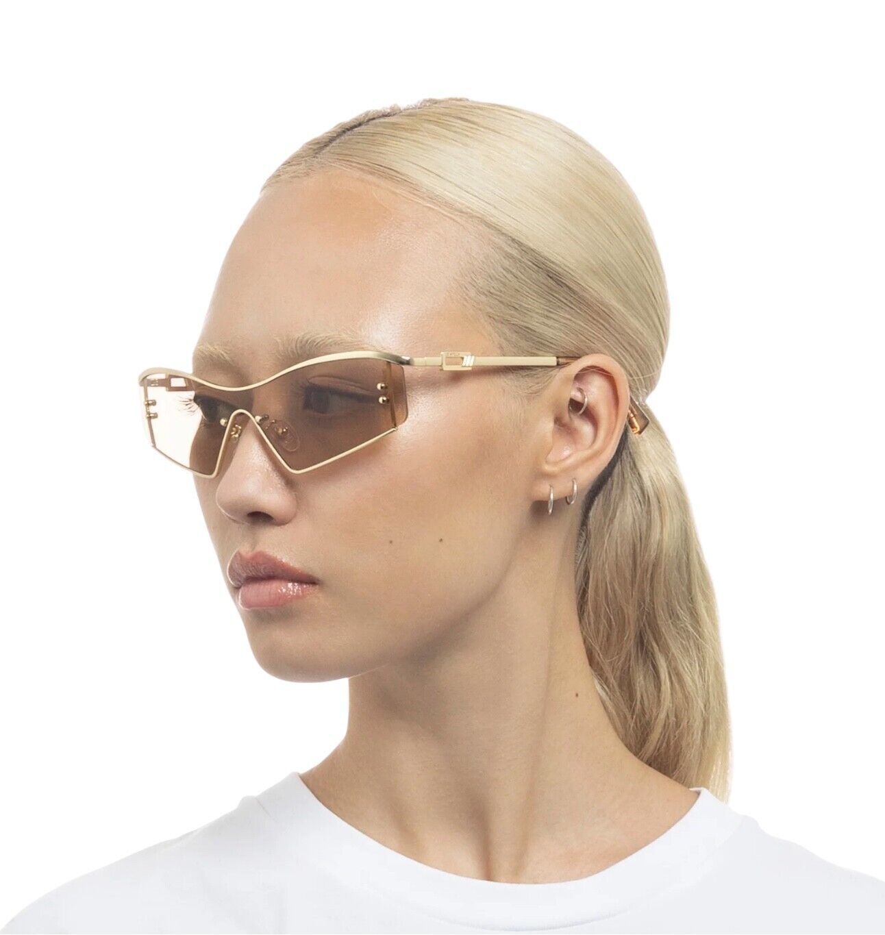 Le Specs Hyperbole Sunglasses | Shield / Wrap, Satin Gold, Rimless, Ltd Edition