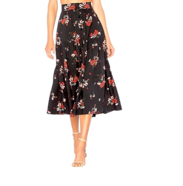 Rebecca Taylor Marguerite Skirt | Black Floral, Sz 6 US, Poplin Cotton, Tiered