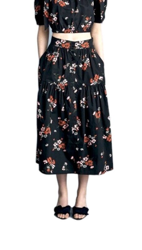 Rebecca Taylor Marguerite Skirt | Black Floral, Sz 6 US, Poplin Cotton, Tiered