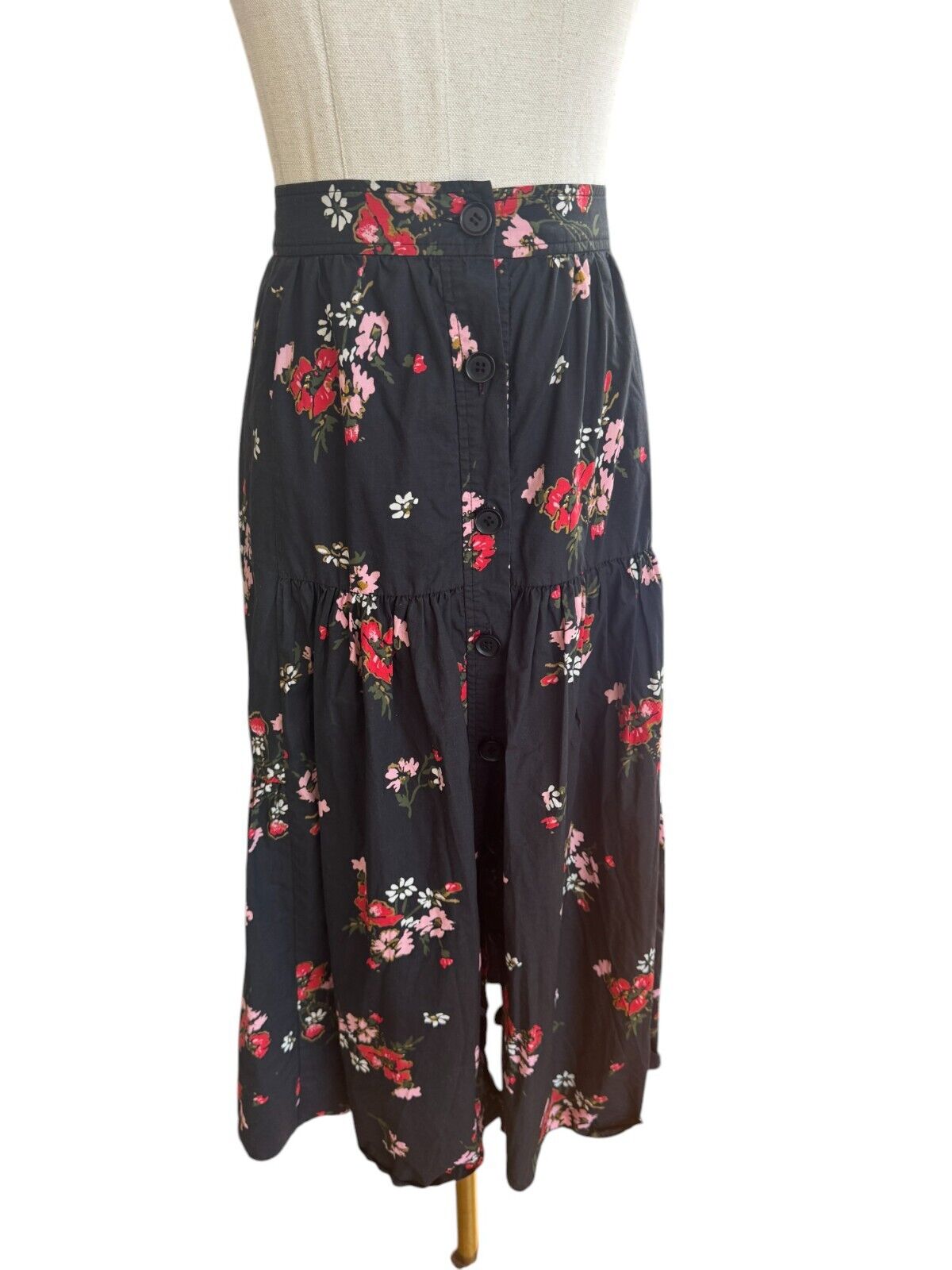 Rebecca Taylor Marguerite Skirt | Black Floral, Sz 6 US, Poplin Cotton, Tiered