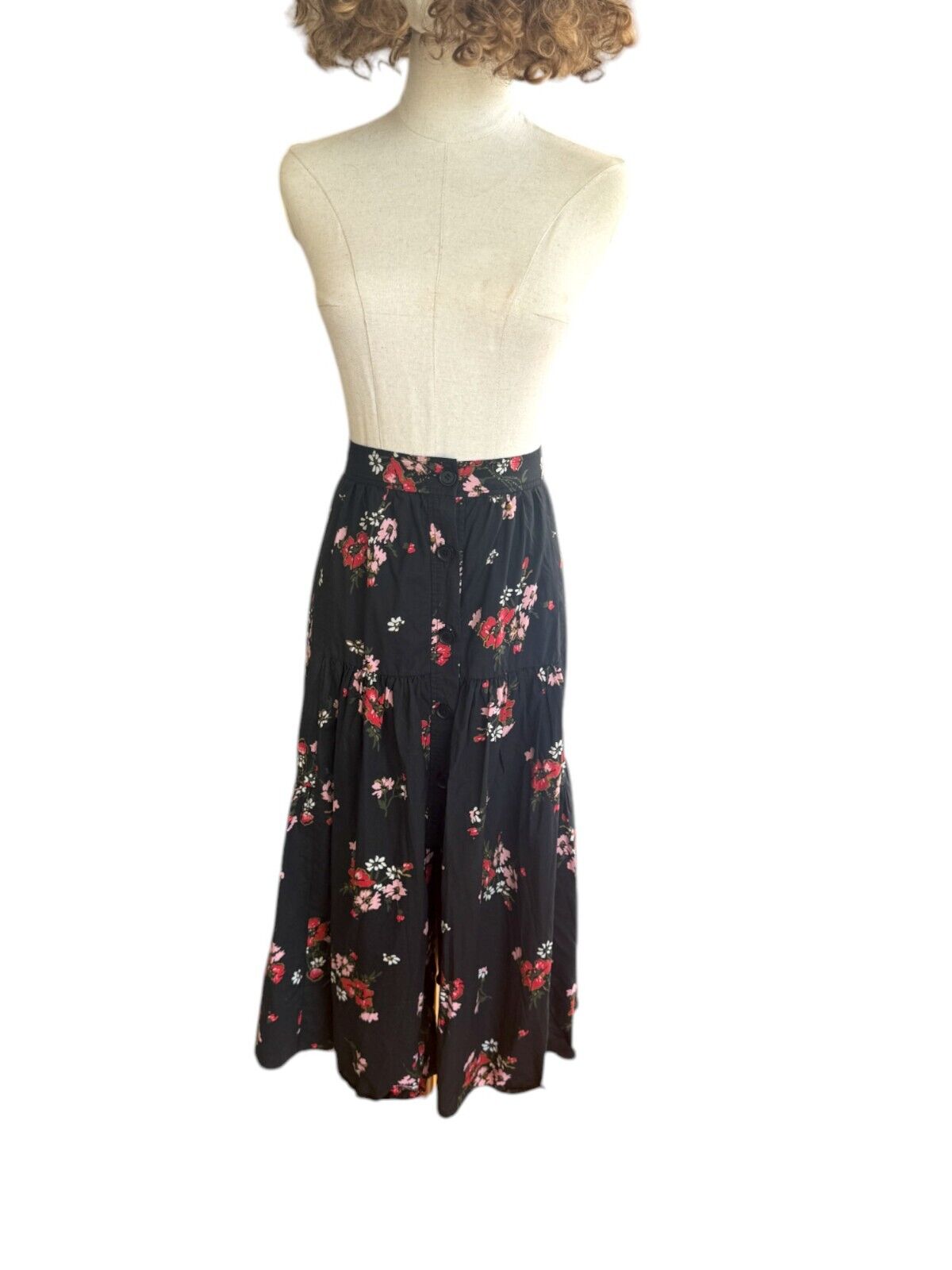 Rebecca Taylor Marguerite Skirt | Black Floral, Sz 6 US, Poplin Cotton, Tiered