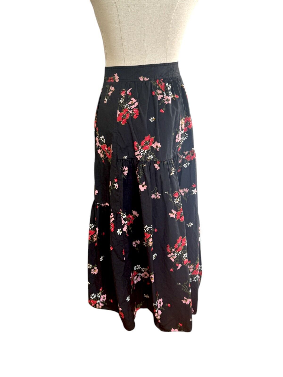 Rebecca Taylor Marguerite Skirt | Black Floral, Sz 6 US, Poplin Cotton, Tiered