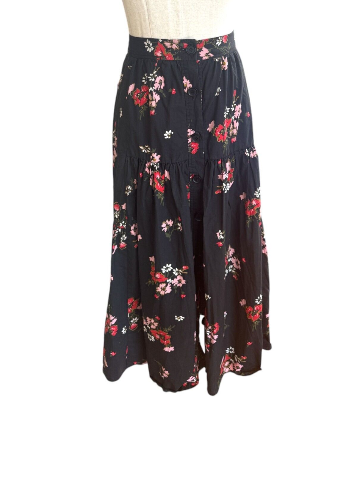 Rebecca Taylor Marguerite Skirt | Black Floral, Sz 6 US, Poplin Cotton, Tiered