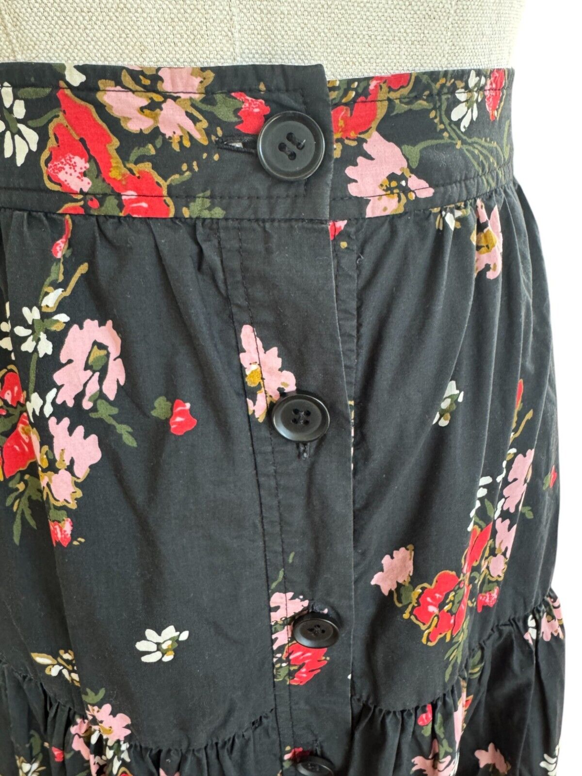 Rebecca Taylor Marguerite Skirt | Black Floral, Sz 6 US, Poplin Cotton, Tiered