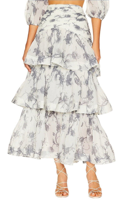 Zimmermann Pleated Tiered Skirt | Keira Navy White/Blue Print, Midi, High Waist
