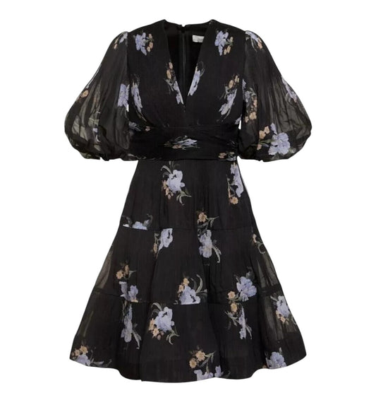 Zimmermann Pleated Mini Dress |Black Iris Floral, Puff Sleeves, Plunging V-Neck