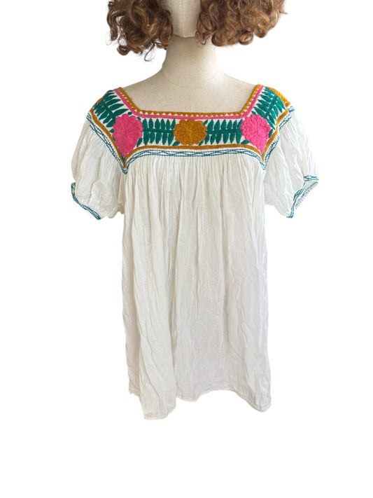 New Authentic Artisan Mexican Top | White/ Pink/Green Embroidery, Hand Made