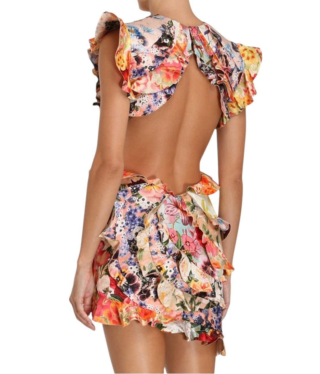 Zimmermann Wonderland Frill Mini Dress | Floral, Cut Outs, Backless, Silk/Linen