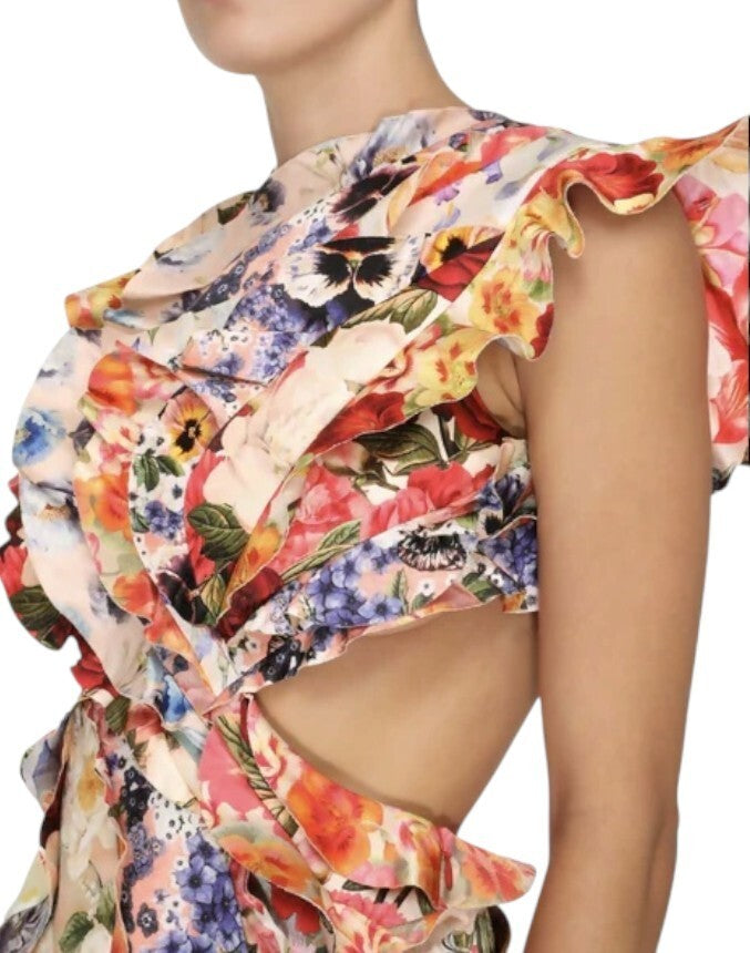 Zimmermann Wonderland Frill Mini Dress | Floral, Cut Outs, Backless, Silk/Linen