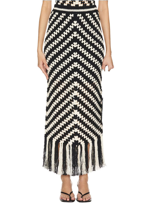 Zimmermann Halliday Hand Crochet Skirt | Chevron, Black+White, Knitted, Midi